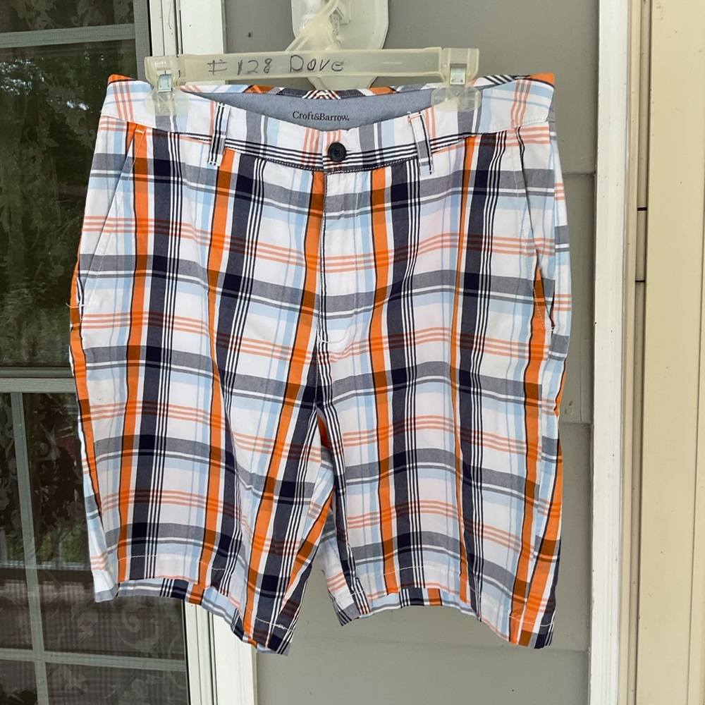 Croft & Barrow Mens Black Orange Blue Checked Plaid Chino Flat Shorts Sz 34 NWOT